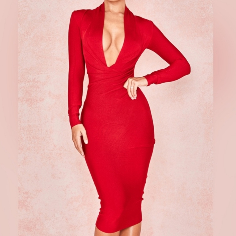 House of CB Red Midi Dress with Elegant Silhouette